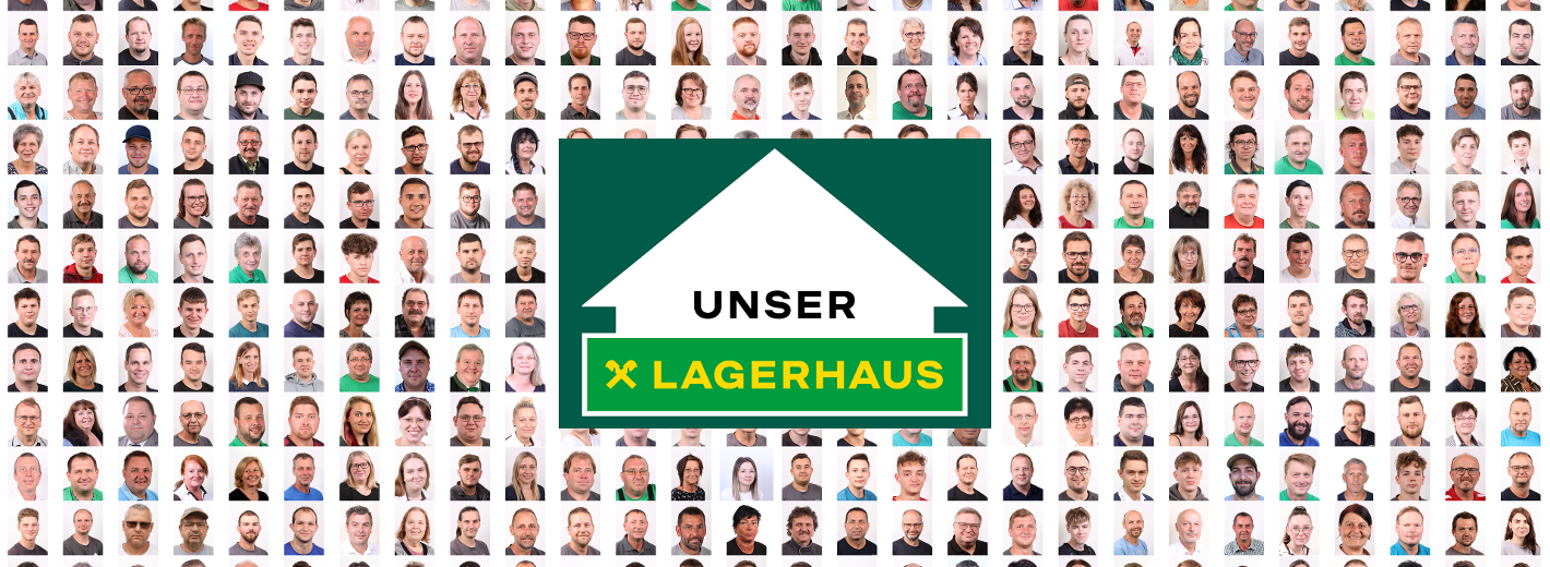 Viele Mitarbeiterfotos im Hintergrund und das Lagerhaus Logo darüber.