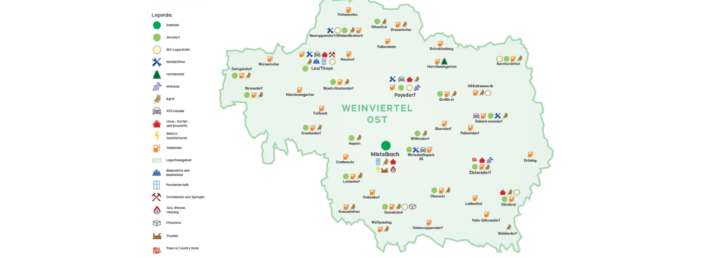 Gebietskarte der Genossenschaft Raiffeisen-Lagerhaus Weinviertel Ost mit Standorten der Filialen, Betriebe und Tankstellen.