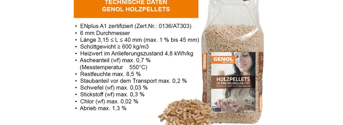 Sack mit Holzpellets und Technische Daten Genol Holzpellets: ENplus A1 zertifiziert (Zert.Nr.: 0136/AT303), 6mm Durchmesser, Länge 3,15 ≤ L ≤ 40 mm (max. ein Prozent bis 45 mm), Schüttgewicht ≥ 600 kg/m³, Heizwert im Anlieferzustand 4,8 KWH/kg, Ascheanteil (wf) max. 0,7 %, Messtemperature 550 °C, Restfeuchte max. 8,5 %, Staubanteil vor dem Transport max. 0,2 %, Schwefel (wf) max. 0,03 %, Stickstoff (wf) max. 0,3 %, Chlor (wf) max. 0,02 %, Abrieb max. 1,3 %