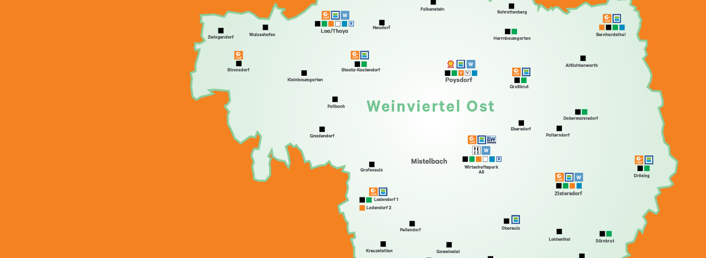 Lagerhaus Weinviertel Ost Gebietskarte mit Tankstellen
