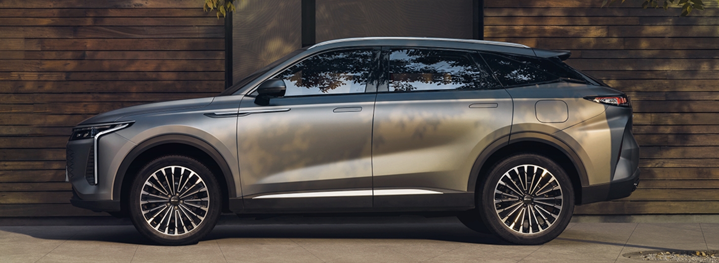 Das Auto Omoda 9 in der Farbe silbergrau parkt vor einem modernen Haus.