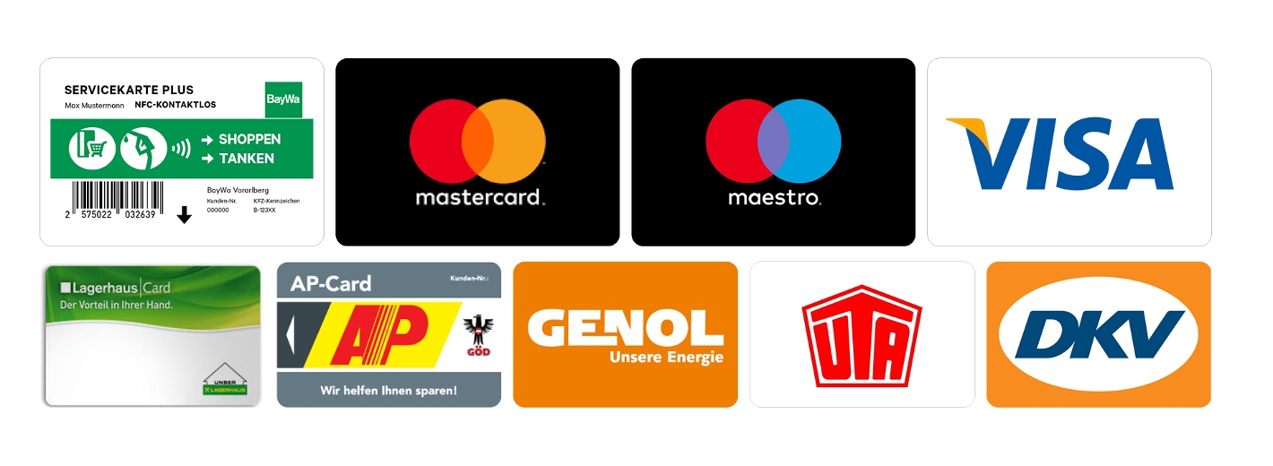 Zahlungsmittel Tankstelle: BayWa Servicekarte, Mastercard, Maestro, Visa, Lagerhaus Card, AP-Card, Genol, UTA, DKV