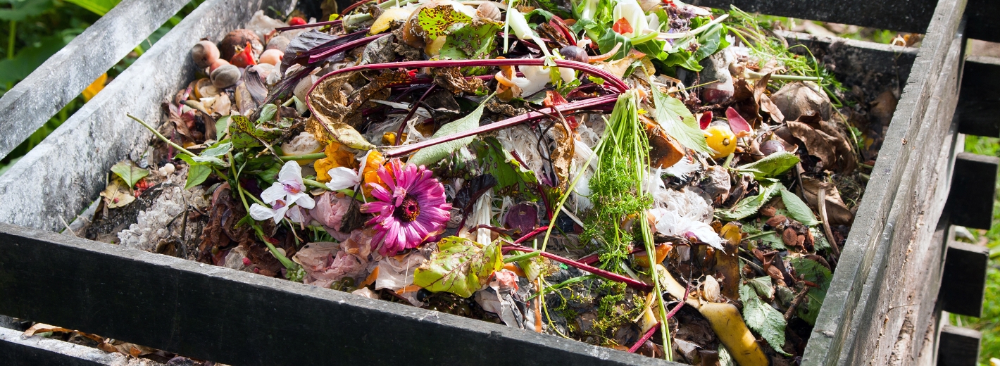 Kompostbehälter mit Küchenabfällen, Pflanzenresten, Blumen und Gemüseabfällen im Garten.