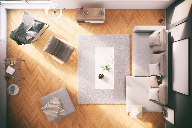 Fischgrätparkettboden im Wohnzimmer