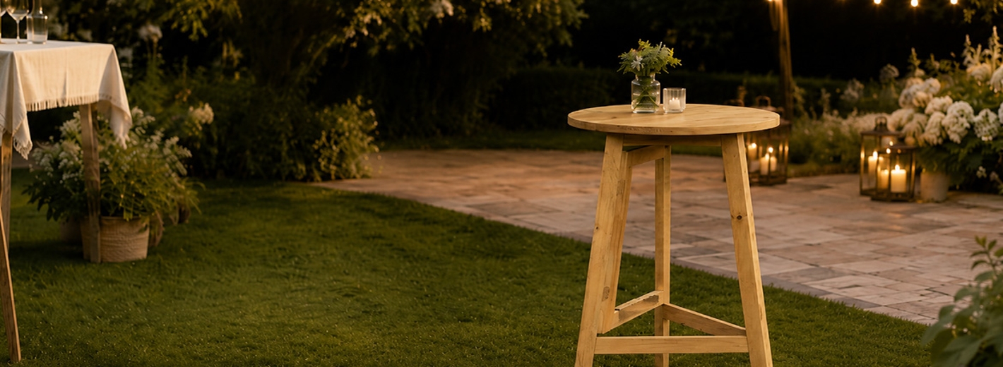 Partystehtisch aus Holz steht im Party-Garten mit Beleuchtung