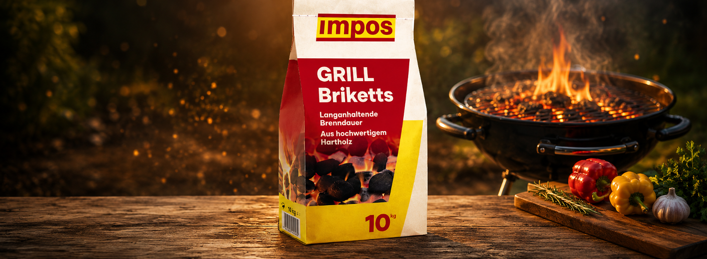 10 kg Sack IMPOS Grillbriketts steht vor einem Griller mit Rauchschwaden