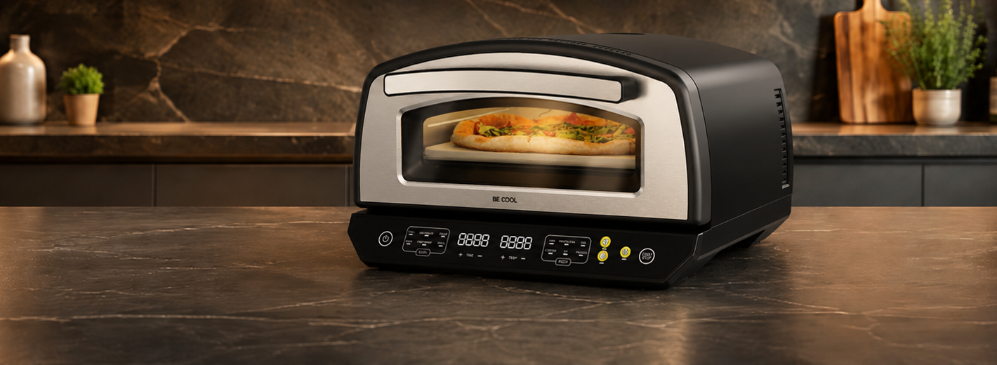 Pizzaofen mit Pizza steht auf einer Küchenplatte