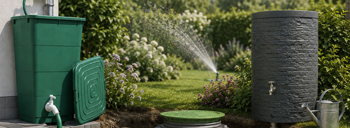 Wasserspeicher und Regentonne stehen im Garten