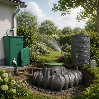 Wasserspeicher und Regentonne stehen im Garten