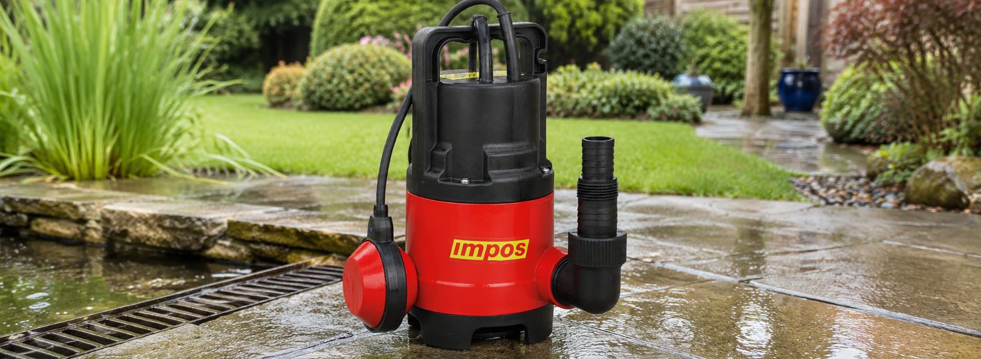 IMPOS Schmutzwassertauchpumpe steht auf einer nassen Terrasse
