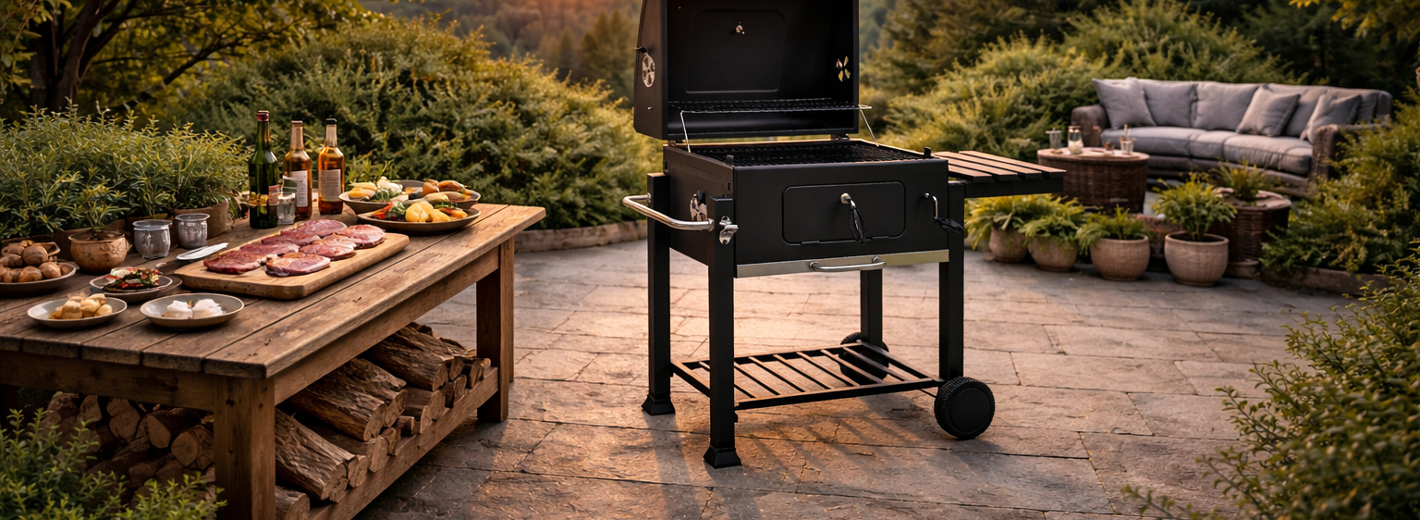TALOO Holzkohlegrillwagen steht auf einer Terrasse im Hintergrund Sonnenuntergang