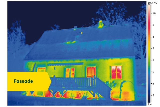 Beispiel typische Wärmeverluste Fassade, Thermografie-Aufnahmen