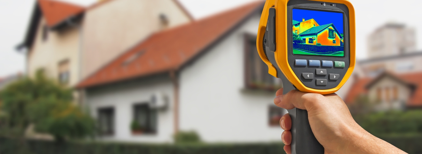 Wärmebildaufnahmen eines älteren Hauses mittel Infrarotbildkamera