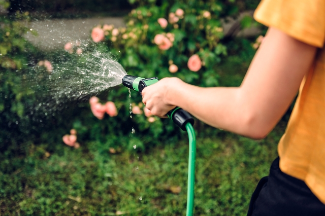 Frau gießt Garten mit Okay Gartenschlauch