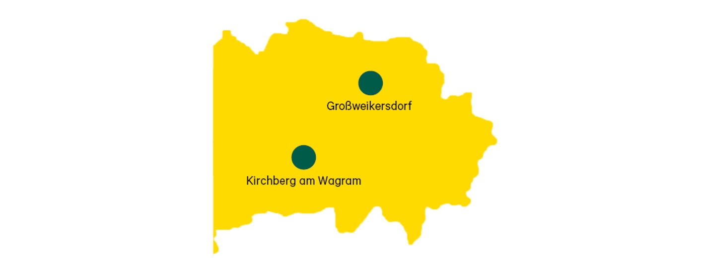 Karte mit den Standorten Großweikersdorf und Kirchberg am Wagram