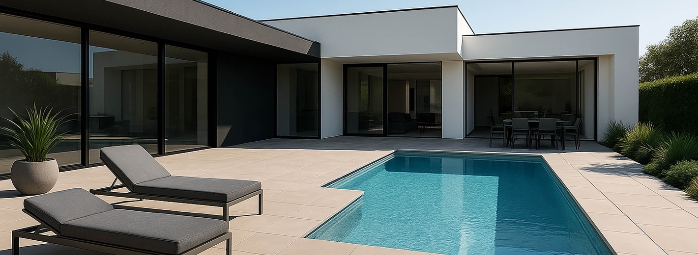 KI Bild von modernem Haus mit Pool und 2 Liegen