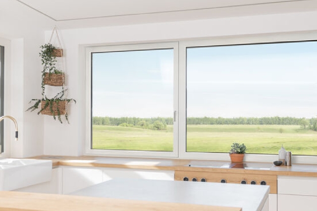 Foto von großem Wohnraum mit offener Küche und großen Fenstern