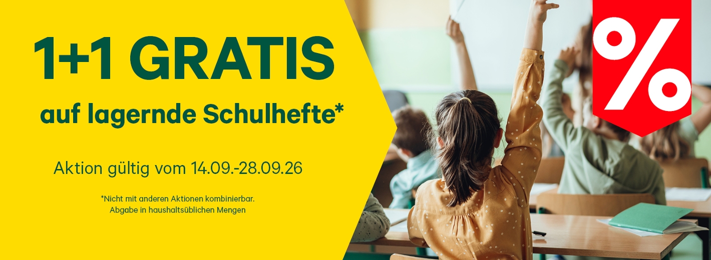 1+1 gratis auf alle lagernden Schulhefte vom 14.09.-28.09.2026