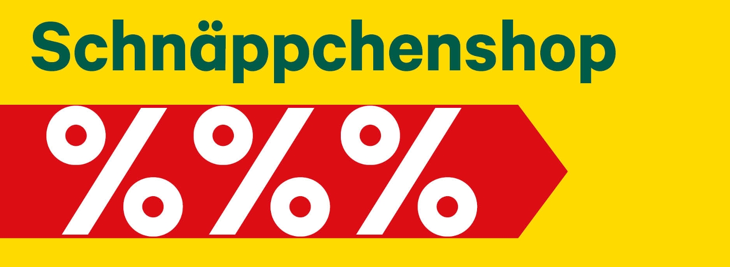 Ein Werbeprospekt mit gelbem Hintergrund. Oben steht in großer, grüner und fett geschriebener Schrift: Schnäppchenshop. Unmittelbar darunter befindet sich ein hervorgehobenes Textfeld das aussieht wie ein Pfeil und einen roten Hintergrund auf weißt. Darin befinden sich drei große Prozentzeichen in der Schriftfarbe weiß.