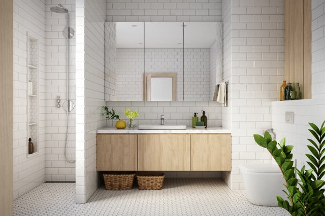 Weiße Bodenfliesen und Wandfliesen im Badezimmer