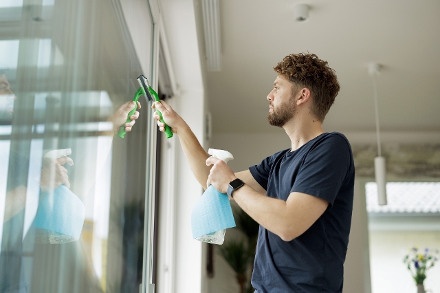 Mann putzt Fenster