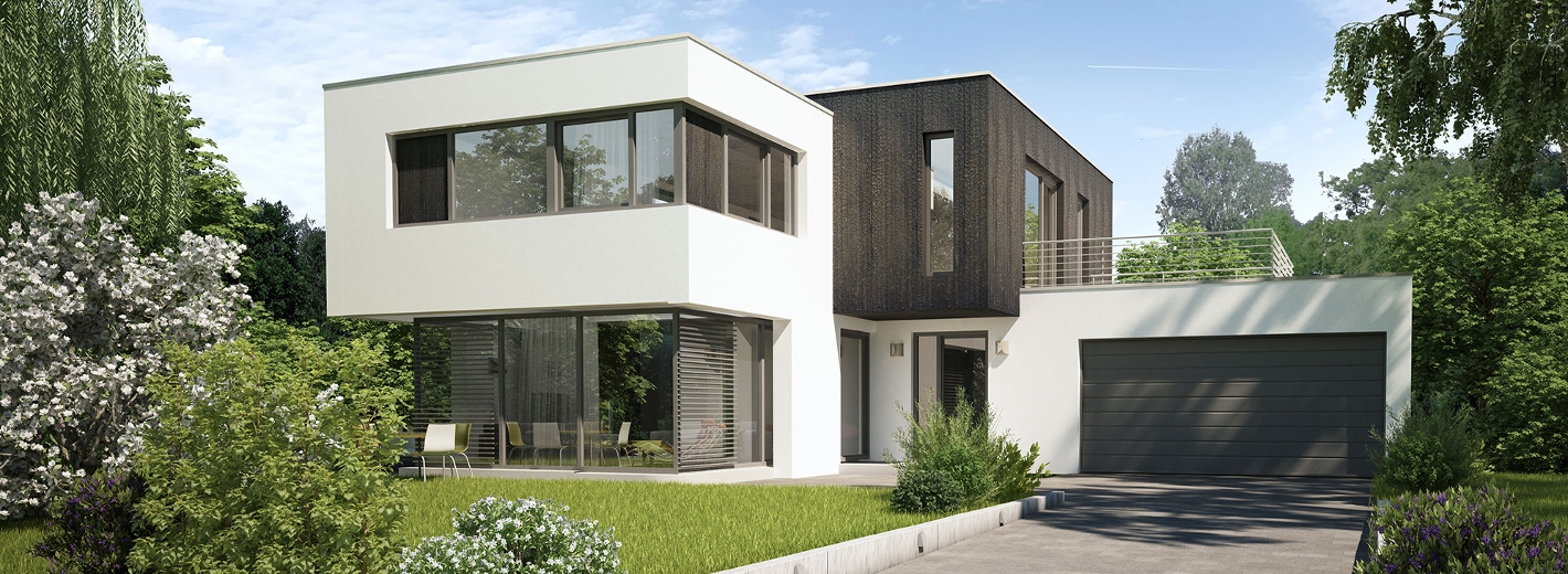 Modernes Haus mit Garten im Bauhausstil