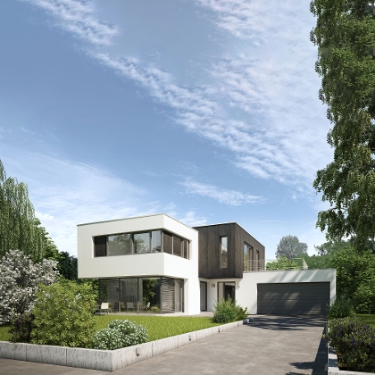 Modernes Haus mit Garten im Bauhausstil