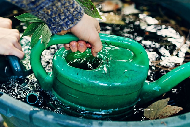 Zwei Personen füllen Gießkanne in Regentonne mit Wasser auf.
