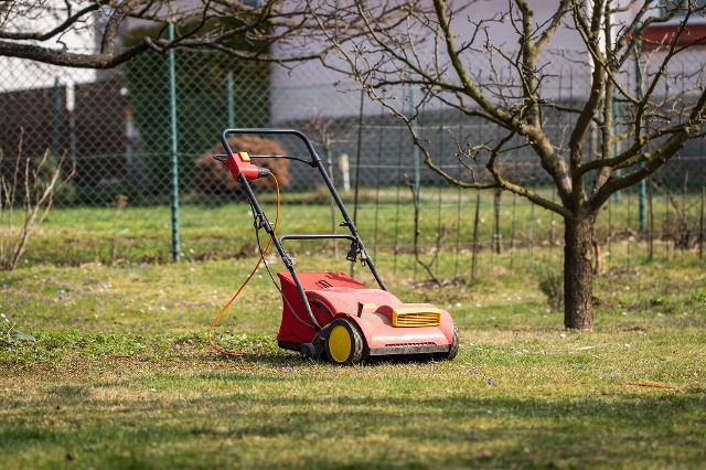 Elektro-Vertikutierer auf einem herbstlichen Rasen