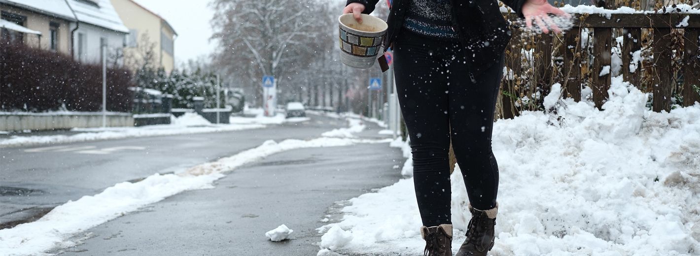 Salz streuen im Winter: Frau streut mit Streusalz