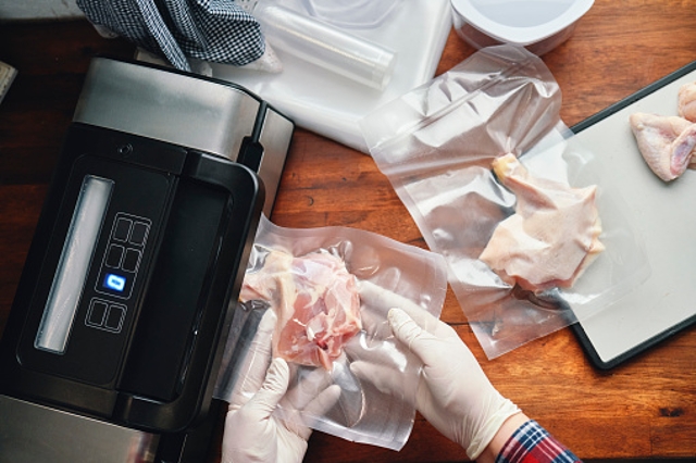 Person schweißt Hähnchenfleisch ein
