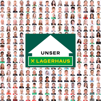 Viele Fotos von Mitarbeitern sind im Hintergrund und das Lagerhaus-Logo steht im Vordergrund.