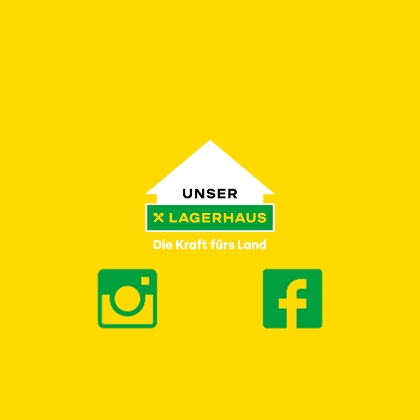 Lagerhaus-Logo, ein Facebook und ein Instagram Icon in grün, auf einem gelben Hintergrund.