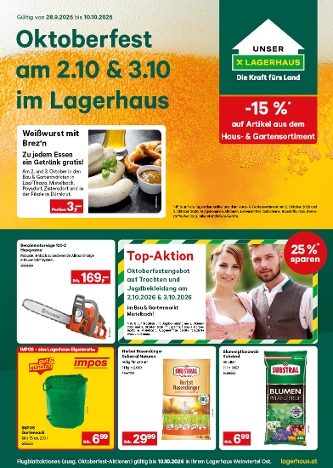 Bier in Nahaufnahme. Darauf wird angekündigt: Oktoberfest am 2.10. und 3.10 im Lagerhaus. Weißwurst mit Brez'n um € 3,00. Zu jedem Essen ein Getränk gratis. Zum Datum Oktoberfest minus 15 Prozent auf lagernde Artikel aus dem Sortiment Haus & Garten. Top-Aktion: Oktoberfestangebot auf Trachten und Jagdbekleidung am 2.10. und 3.10. um minus 25 Prozent im Lagerhaus Bau & Gartenmarkt in Mistelbach.