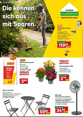 Frau mit Stihl Motorsense im Garten. Die kennen sich aus im Lagerhaus. Stihl Motorsense FS 38 um 119,99 Euro statt 219,99 Euro - 45 Prozent sparen. Angebot gültig von 20.6. bis 5.7.2026