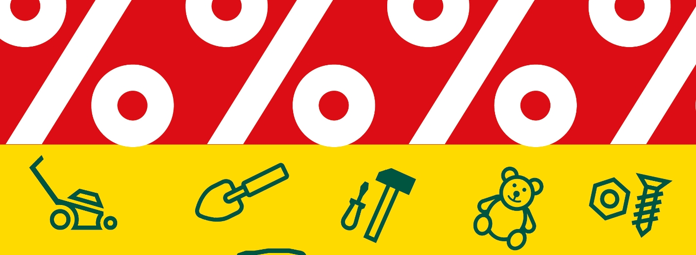 Prozentzeichen weiß auf rot. grüne Icons aus dem Lagerhaus Sortiment auf rapsgelben Hintergrund. Icon für T-Shirt, Icons für Werkzeug, Icon für Spielzeug, Icon für Griller, Icon für Gartenwerkzeug, Icon für Fischereibedarf, Icon für Gartengeräte