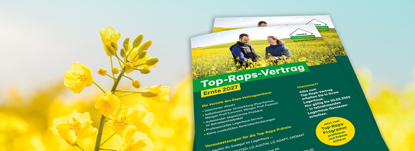 Rapsblüten im Hintergrund. Davor Flyer mit Information zum Top-Raps-Vertrag für die Ernte 2027.