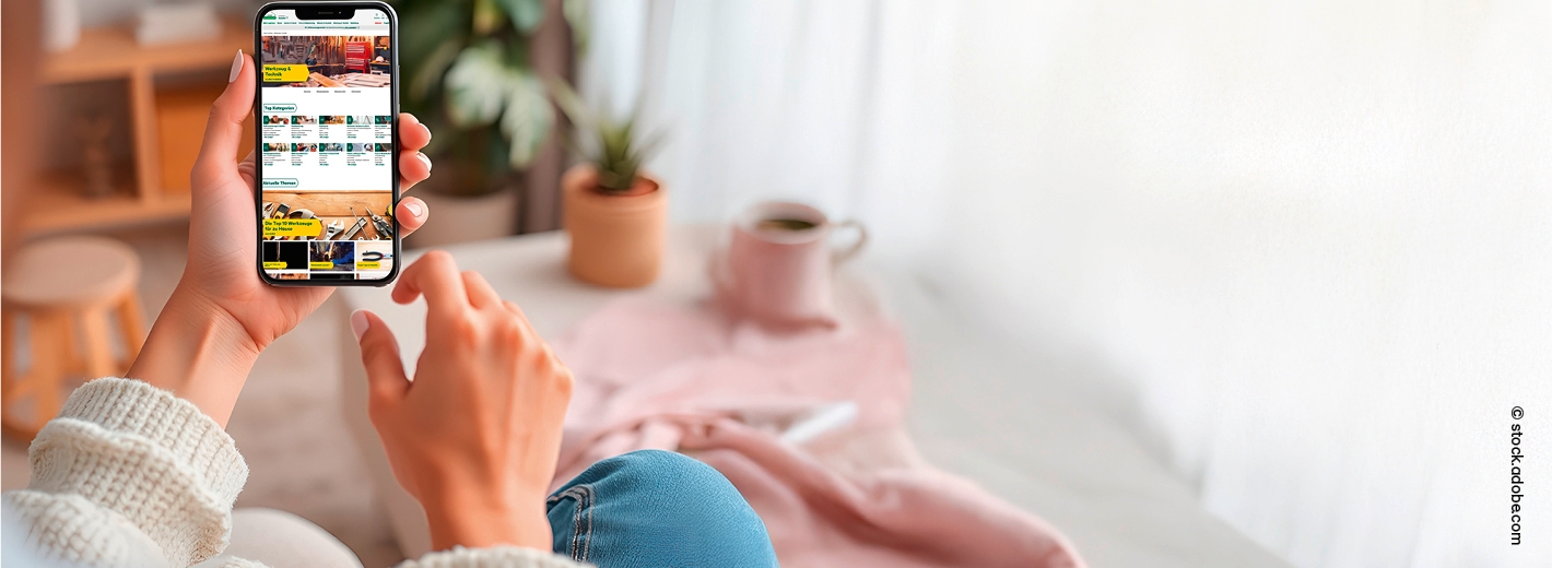 Eine Person sitzt gemütlich auf einem Sofa und hält ein Smartphone in der Hand. Auf dem Display ist der Onlineshop von lagerhaus.at zu sehen. Die Person trägt eine helle Strickjacke und Jeans. Im Hintergrund stehen eine kleine Pflanze, eine Tasse und weiche Wohntextilien, wodurch die Szene warm und entspannt wirkt.