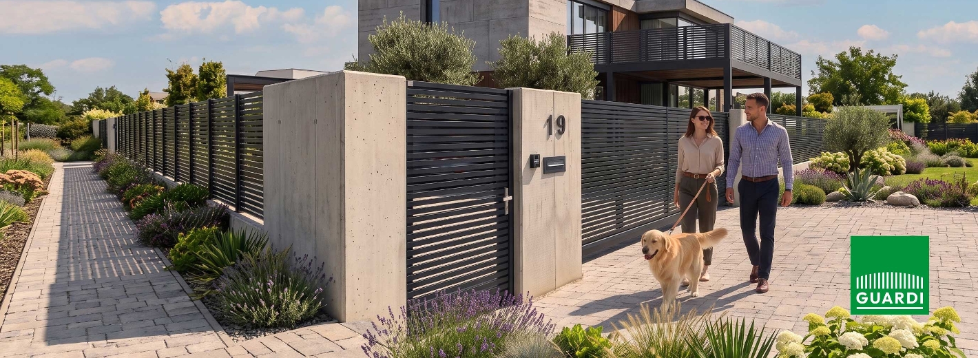 Paar mit Hund vor modernem Haus mit Guardi Zaun